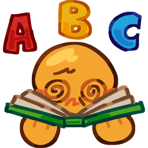 a yellow person with spirals replacing their eyes. A green book is open in front of them. The letters A, B and C are above their head.
